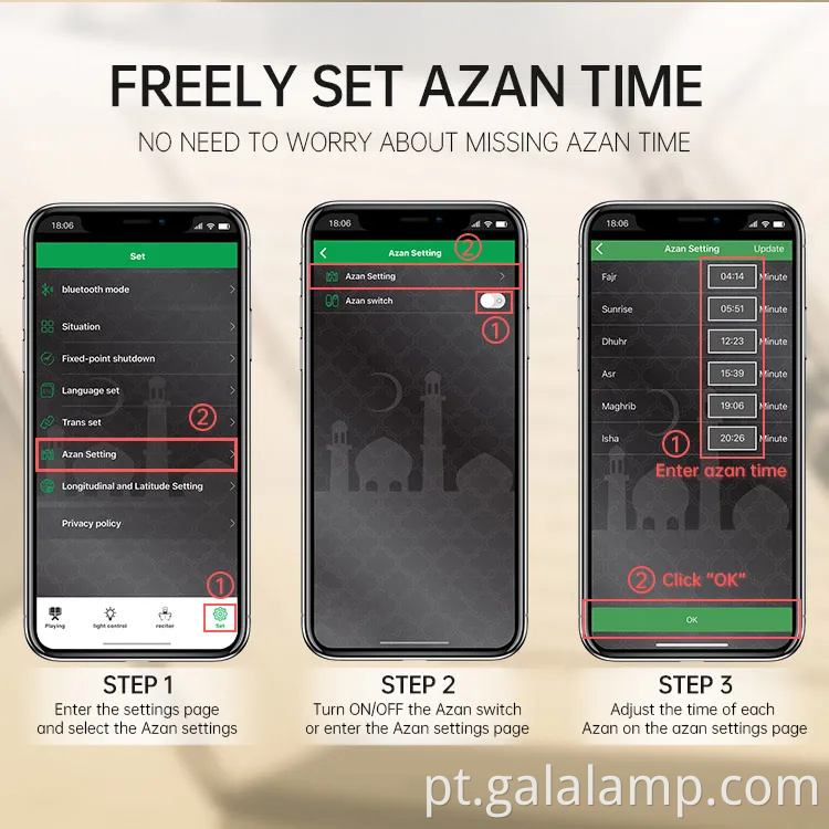 Equante Muslim Blue Tooth Conexão do despertador Hora de exibição de aprendizado Alto -falante de madeira SQ600 Presente de oração muçulmano